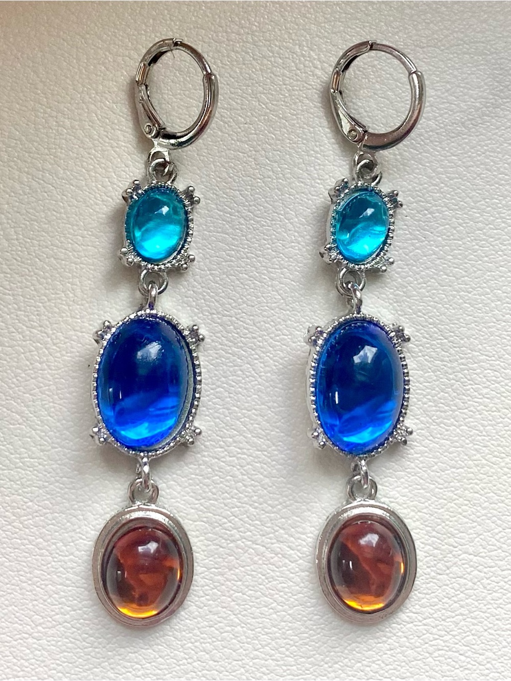 Silver Drop Earrings with Blue and Amber Cabochons